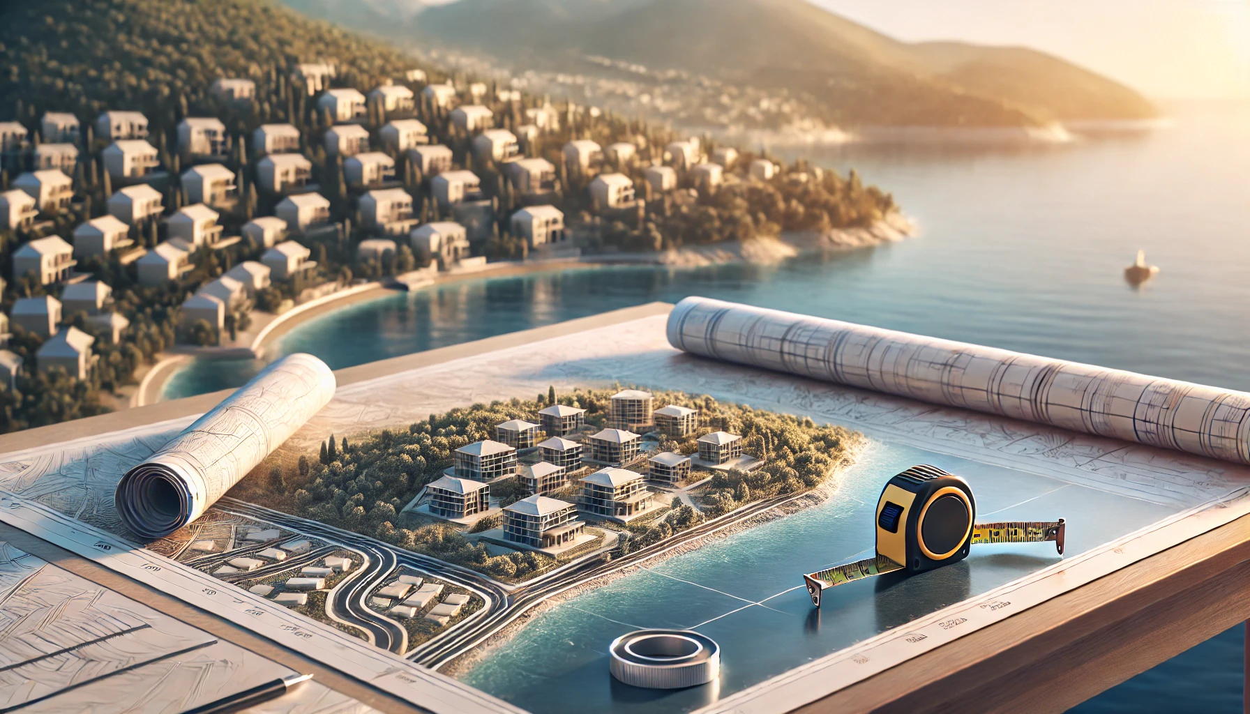 Auf einem Tisch liegen Baupläne und Messwerkzeuge für exklusive Küstenimmobilien in Ulcinj, Montenegro - ekosphere-estate.me berät Sie professionell zu Firmengründung, Aufenthaltstitel und Investitionen.